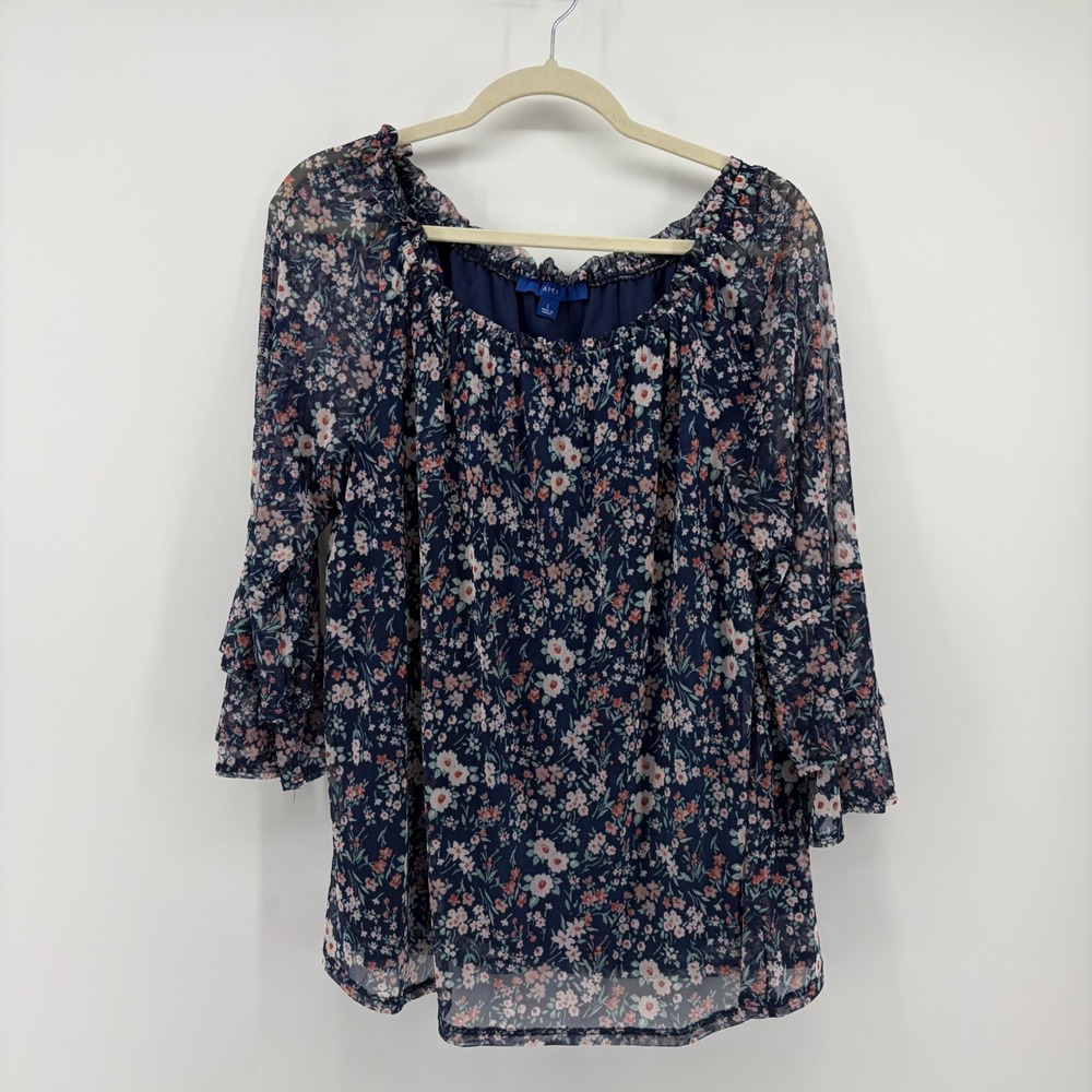 Apt. 9 Womens Large Navy‎ Blue Floral Mesh Blouse Tiered Bell Sleeve Scoop Neck